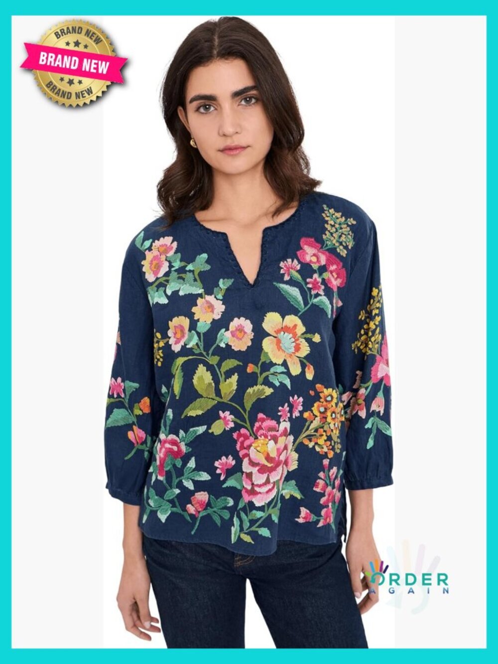 Floral Linen Blouse Split Neck Relaxed Fit Boho Chic Summer Top